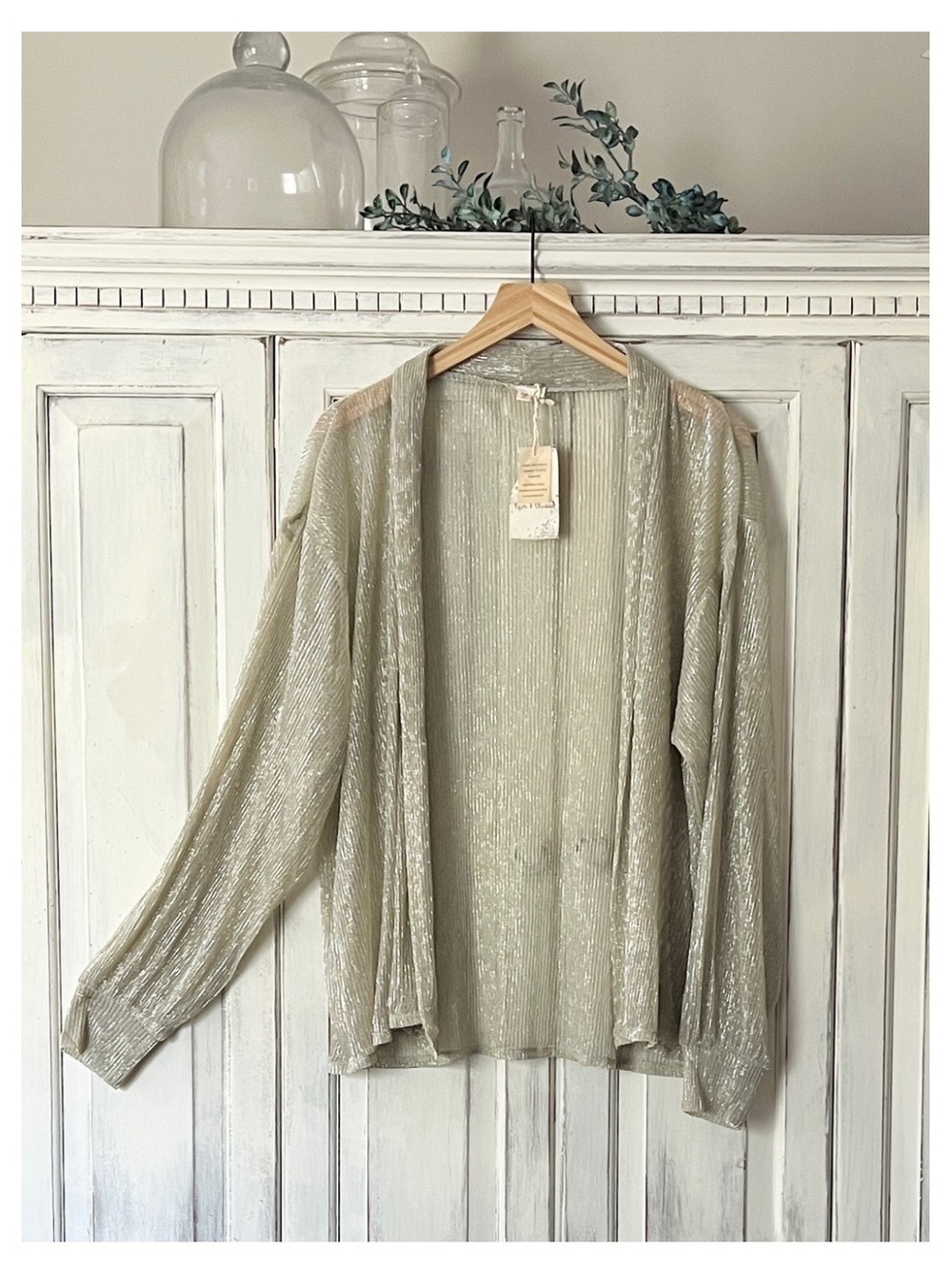 NWT HEM & THREAD Long Sleeve Open Front Sheer Shimmer Top in Silver S/M
